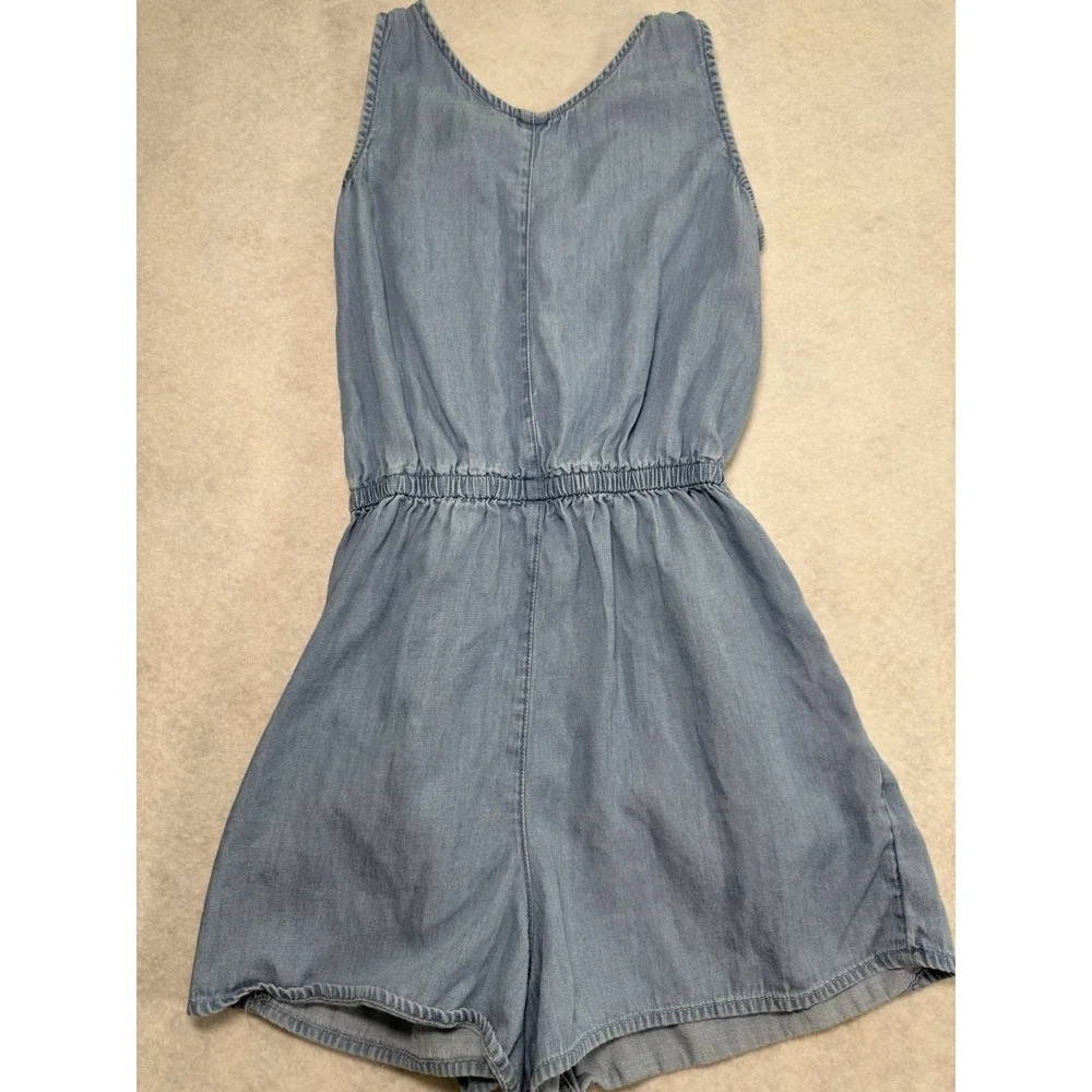 Justice Girls Chambray Denim Romper Size M 10 Adjustable Waist Zip Front Pockets - Picture 3 of 5